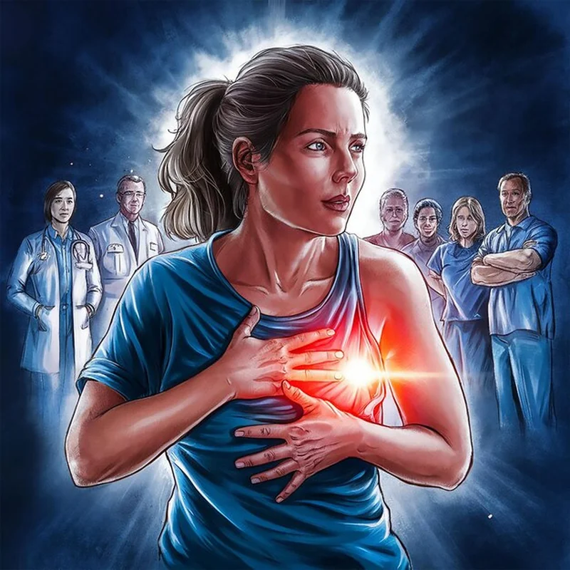 Kobieta z atakiem serca na klatce piersiowej