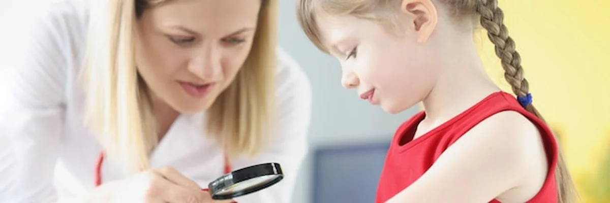 Lekarz pediatra badający wysypkę na skórze dłoni małej dziewczynki za pomocą szkła powiększającego